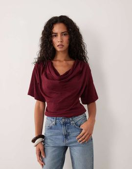 Miss Selfridge Miss Selfridge cowl neck t-shirt with batwing sleeves in red
