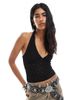 Miss Selfridge Miss Selfridge crochet jersey v neck halter top in black - 1