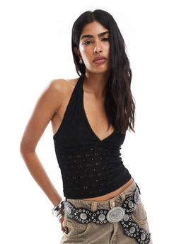 Miss Selfridge Miss Selfridge crochet jersey v neck halter top in black