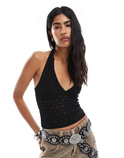 Miss Selfridge Miss Selfridge crochet jersey v neck halter top in black