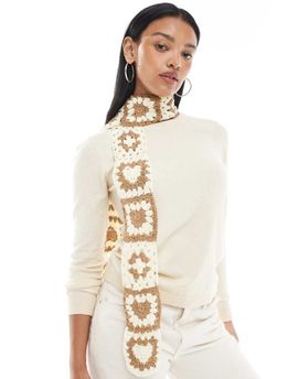 Miss Selfridge Miss Selfridge crochet skinny scarf in cream and taupe-Brown