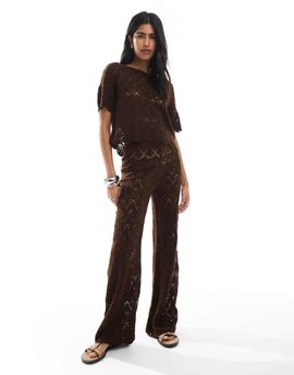 Miss Selfridge Miss Selfridge crochet straight leg beach pants in chocolate - part of a set-Brown