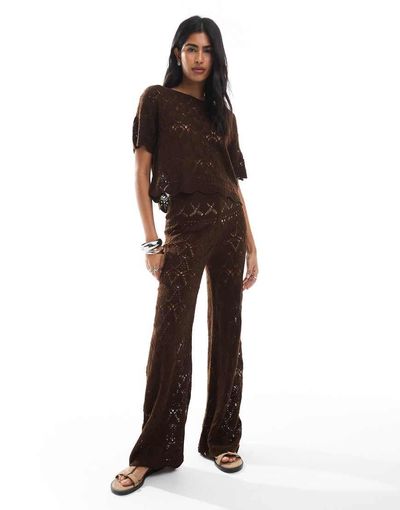 Miss Selfridge Miss Selfridge crochet straight leg beach pants in chocolate - part of a set-Brown