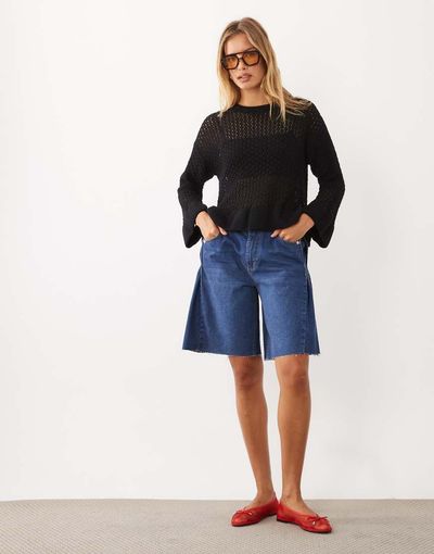 Miss Selfridge Miss Selfridge crochet sweater with peplum hem and sleeve in black