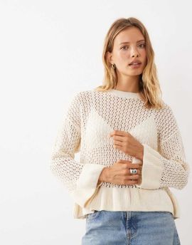 Miss Selfridge Miss Selfridge crochet sweater with peplum hem and sleeves in cream-White