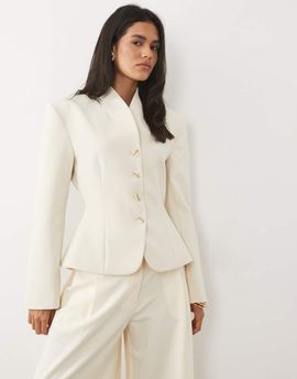 Miss Selfridge Miss Selfridge cropped collarless blazer in ivory-White
