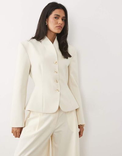 Miss Selfridge Miss Selfridge cropped collarless blazer in ivory-White