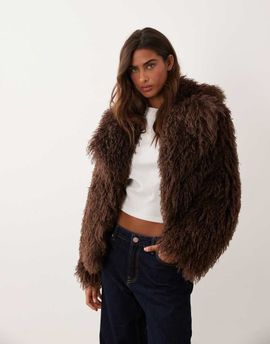 Miss Selfridge Miss Selfridge cropped faux mongolian coat in chocolate-Brown