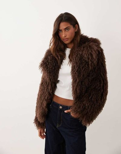 Miss Selfridge Miss Selfridge cropped faux mongolian coat in chocolate-Brown
