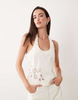 Miss Selfridge Miss Selfridge cutwork denim halter top in ecru-White