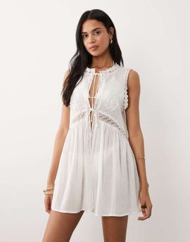 Miss Selfridge Miss Selfridge cutwork tie detail mini beach cover-up in white