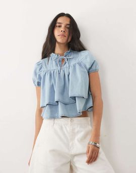 Miss Selfridge Miss Selfridge denim baby doll top in light wash-Blue