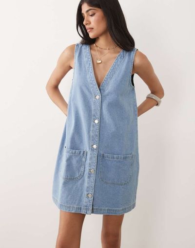 Miss Selfridge Miss Selfridge denim button through shift dress in light blue wash