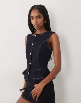 Miss Selfridge Miss Selfridge denim button up peplum top with contrast stitching in indigo wash-Blue