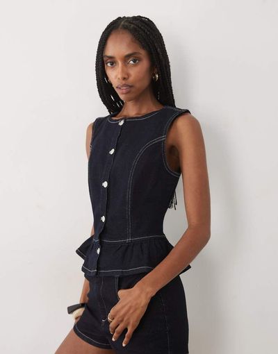 Miss Selfridge Miss Selfridge denim button up peplum top with contrast stitching in indigo wash-Blue
