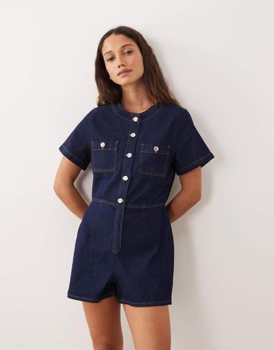 Miss Selfridge Miss Selfridge denim button up romper in indigo wash-Blue