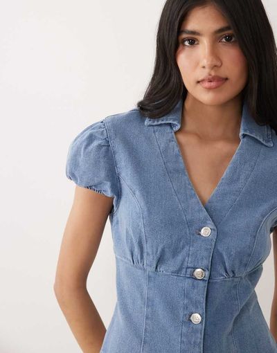 Miss Selfridge Miss Selfridge denim cap sleeve shirt in mid blue wash