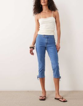 Miss Selfridge Miss Selfridge denim capri pants with bows in mid blue wash