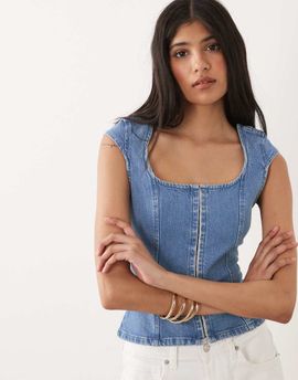 Miss Selfridge Miss Selfridge denim corset top in mid blue wash