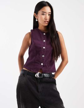 Miss Selfridge Miss Selfridge denim fitted vest in plum-Red