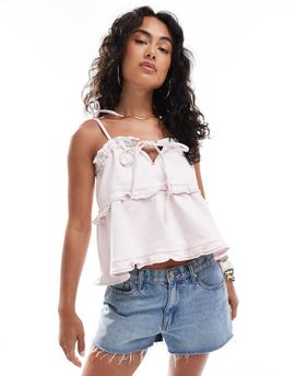 Miss Selfridge Miss Selfridge denim frill swing top in light pink wash-White