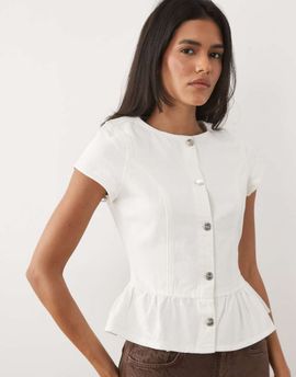 Miss Selfridge Miss Selfridge denim short sleeve peplum top in cream - part of a set-White