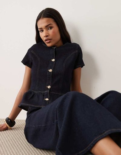 Miss Selfridge Miss Selfridge denim short sleeve peplum top in indigo - part of a set-Blue