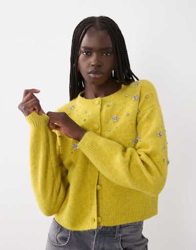 Miss Selfridge Miss Selfridge embellished button through pocket detail cardigan in chartuse-Green