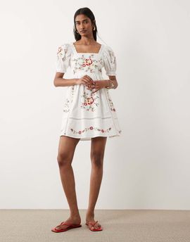 Miss Selfridge Miss Selfridge embroidered baby doll mini dress in white