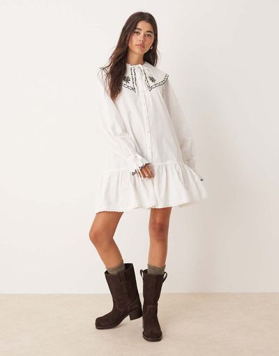 Miss Selfridge Miss Selfridge embroidered collar mini dress in white