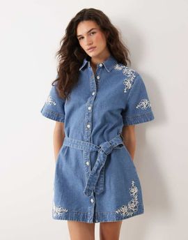Miss Selfridge Miss Selfridge embroidered denim dress with belt in blue wash