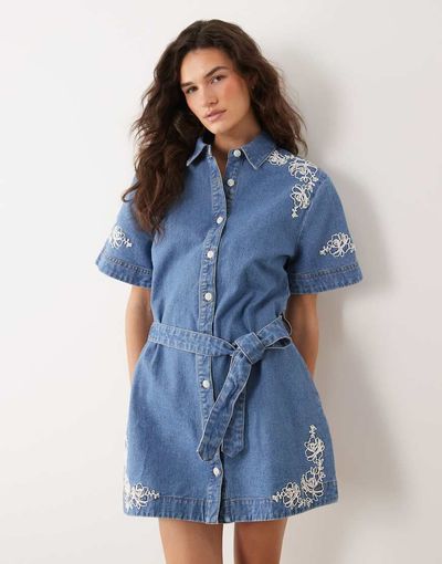 Miss Selfridge Miss Selfridge embroidered denim dress with belt in blue wash