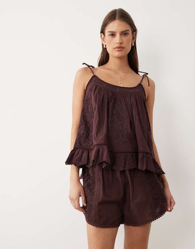 Miss Selfridge Miss Selfridge embroidered shorts in chocolate-Brown