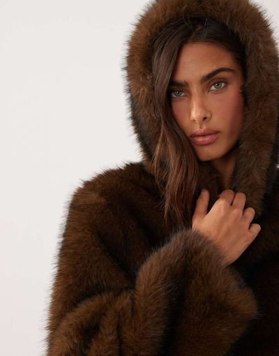 Miss Selfridge Miss Selfridge faux fur bomber jacket with hood in chocolate-Brown