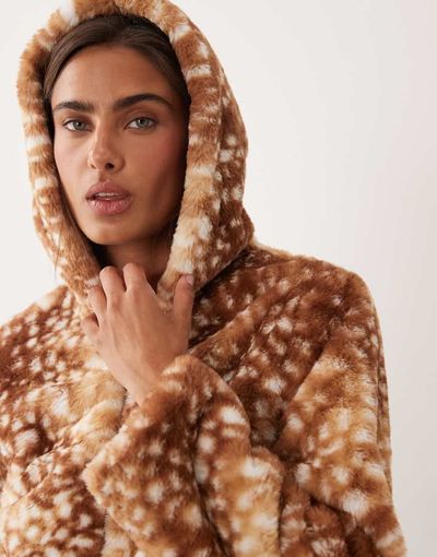 Miss Selfridge Miss Selfridge faux fur bomber jacket with hood in deer-Multi