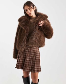 Miss Selfridge Miss Selfridge faux fur crop jacket in chocolate-Brown