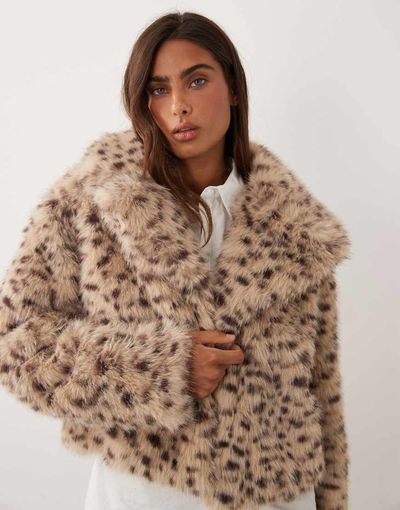 Miss Selfridge Miss Selfridge faux fur cropped jacket in animal print-Multi