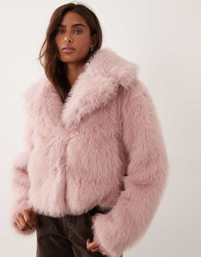 Miss Selfridge Miss Selfridge faux fur cropped jacket in pink