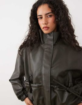 Miss Selfridge Miss Selfridge faux leather funnel neck bomber jacket in black-Brown