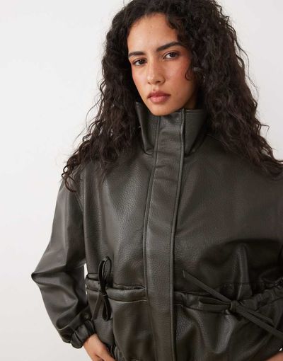 Miss Selfridge Miss Selfridge faux leather funnel neck bomber jacket in black-Brown