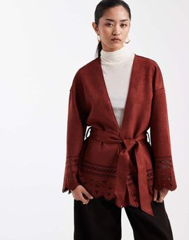 Miss Selfridge Miss Selfridge faux suede cutwork jacket in burgundy-Brown