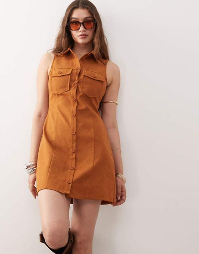Miss Selfridge Miss Selfridge festival suedette sleeveless dress in tan-Brown