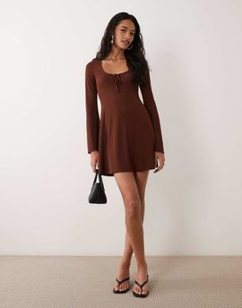 Miss Selfridge Miss Selfridge flippy tie scoop neck mini dress in chocolate-Brown
