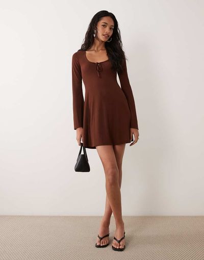 Miss Selfridge Miss Selfridge flippy tie scoop neck mini dress in chocolate-Brown