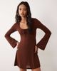 Miss Selfridge Miss Selfridge flippy tie scoop neck mini dress in chocolate-Brown - 3