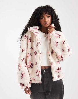 Miss Selfridge Miss Selfridge floral borg zip through jacket-Multi