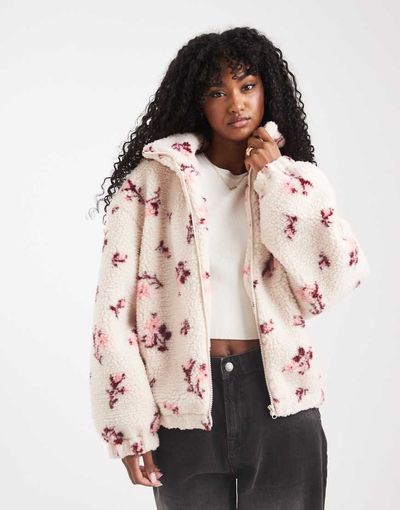 Miss Selfridge Miss Selfridge floral borg zip through jacket-Multi