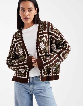 Miss Selfridge Miss Selfridge floral knit open cardigan in chocolate-Brown