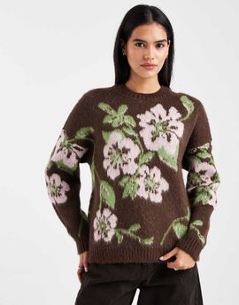 Miss Selfridge Miss Selfridge floral knit sweater in chocolate-Multi