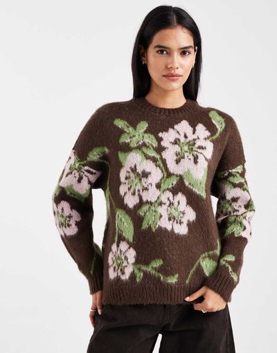 Miss Selfridge Miss Selfridge floral knit sweater in chocolate-Multi